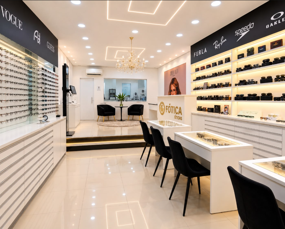 Interior de uma loja Fótica com vitrines de armações